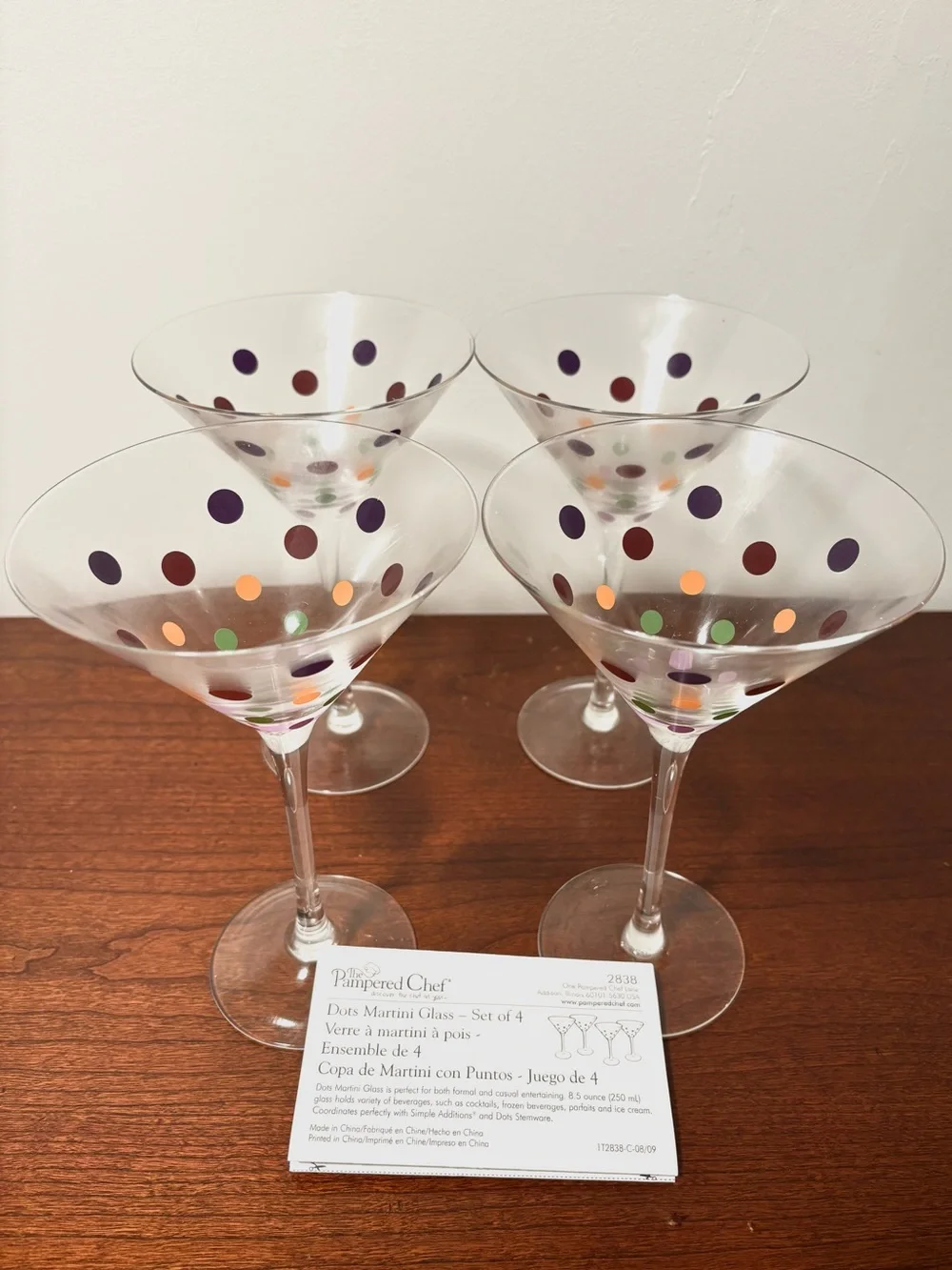 Pampered Chef Set of 4 Polka Dot Martini Glasses - Multicolor Dots BRAND NEW